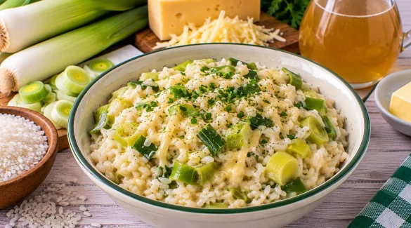 Cremiger Porreereis mit Gouda in einer Schüssel.