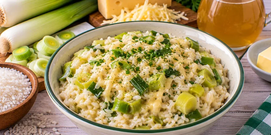 Cremiger Porreereis mit Gouda in einer Schüssel.