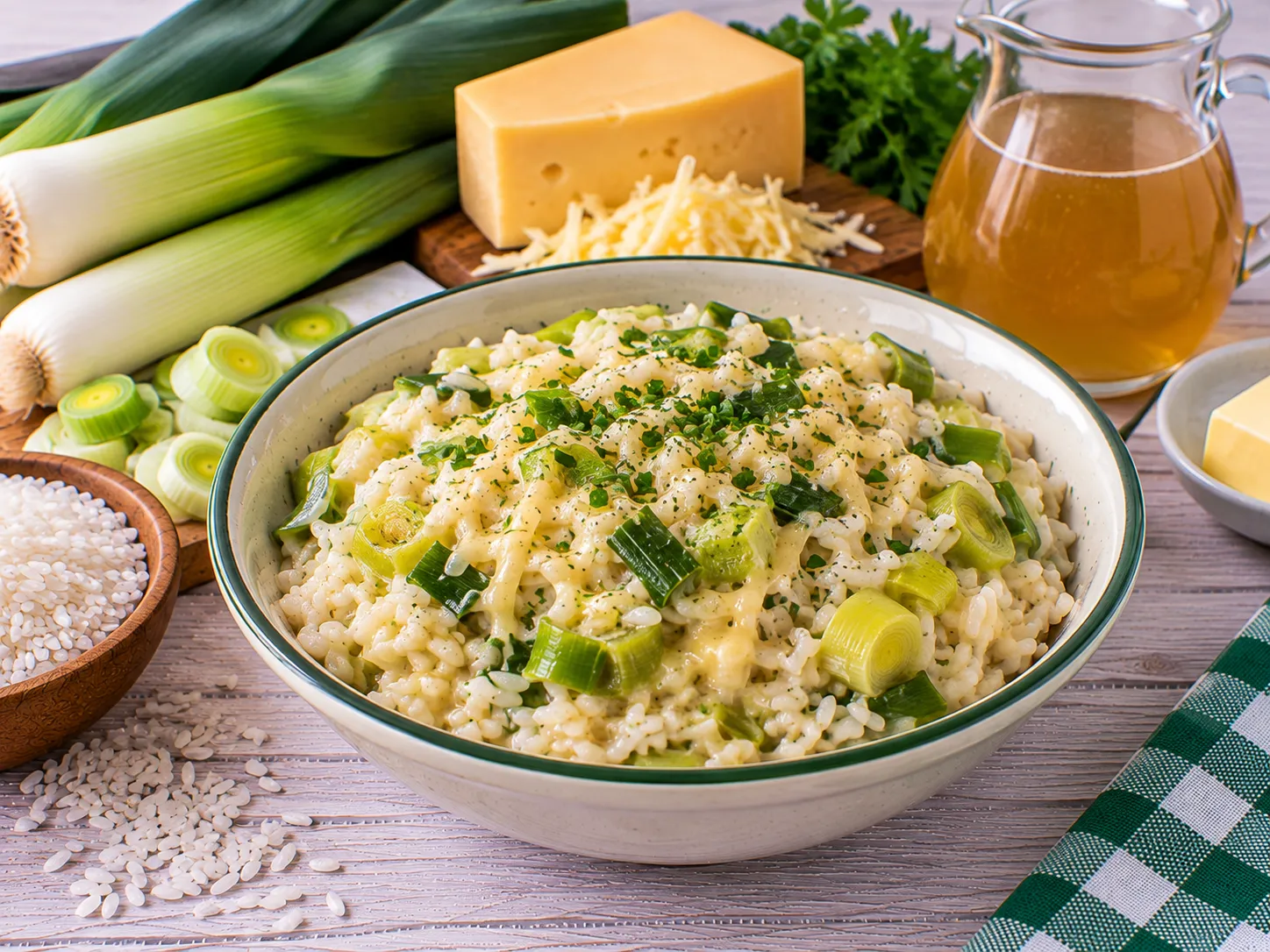 Cremiger Porreereis mit Gouda in einer Schüssel.