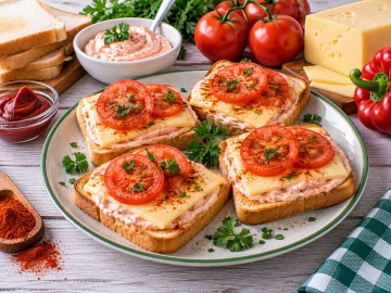 Knusprige Toastscheiben mit Quark, Käse und Tomaten.