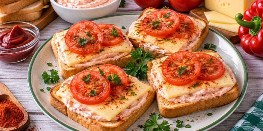 Knusprige Toastscheiben mit Quark, Käse und Tomaten.