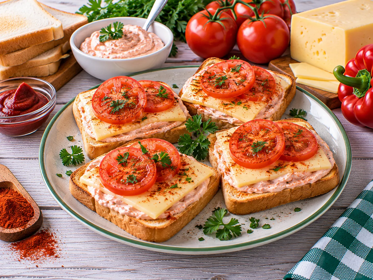 Knusprige Toastscheiben mit Quark, Käse und Tomaten.