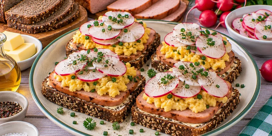 Rettichbrote mit Leberkäse, Rührei und mariniertem Rettich.