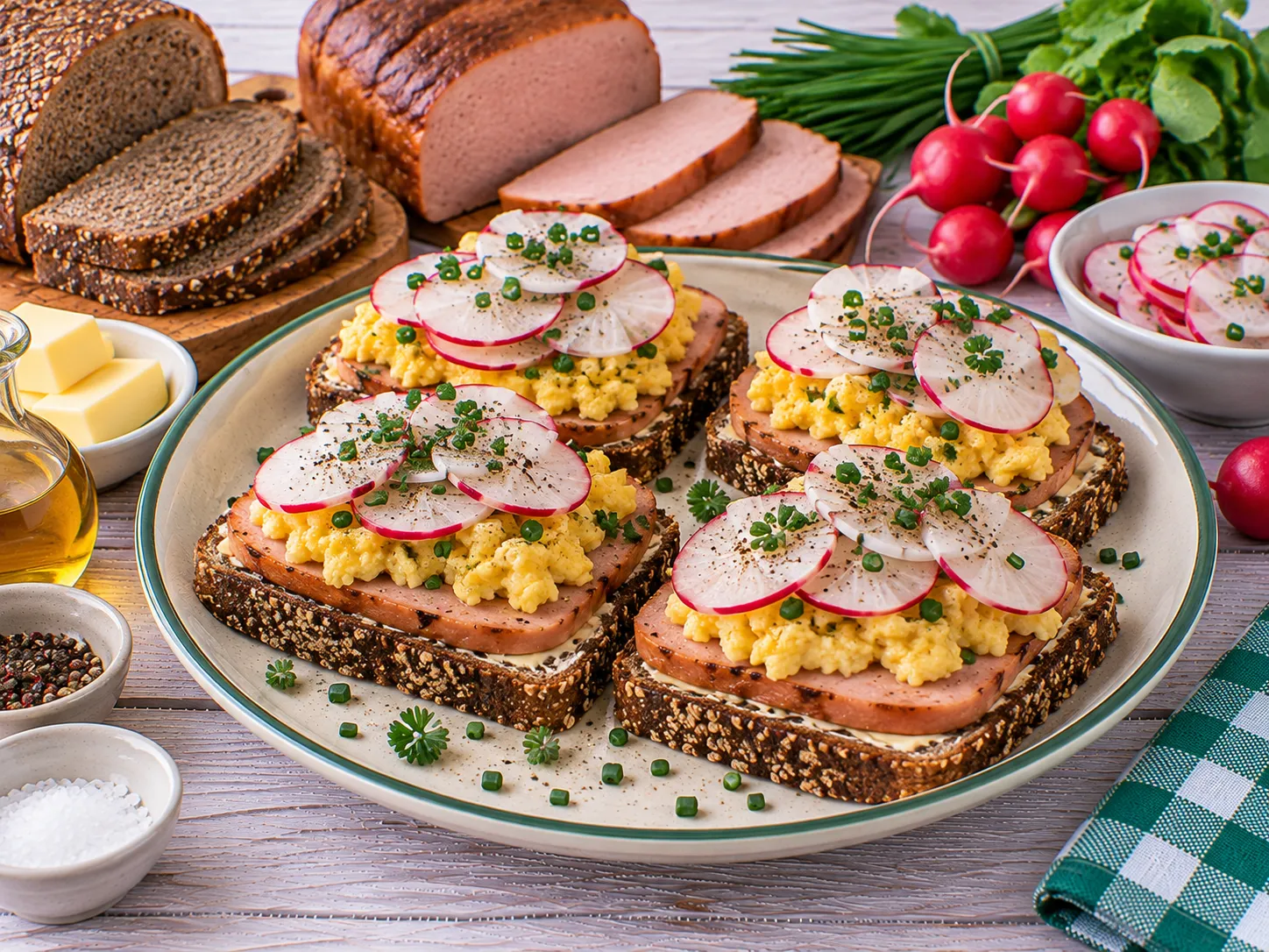 Rettichbrote mit Leberkäse, Rührei und mariniertem Rettich.