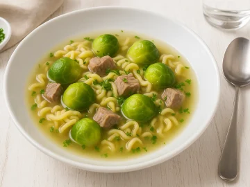 Rosenkohleintopf mit Nudeln, Rinderbrust und Petersilie in einem tiefen Teller angerichtet