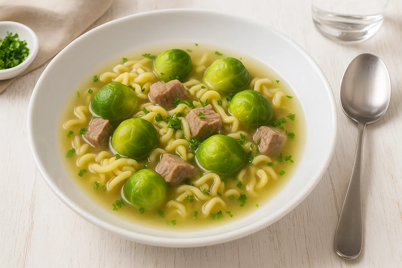 Rosenkohleintopf mit Nudeln, Rinderbrust und Petersilie in einem tiefen Teller angerichtet