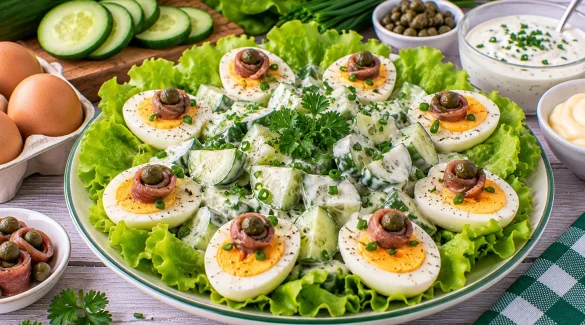 Salatplatte mit Gurken, Eiern und cremigem Joghurt-Dressing.