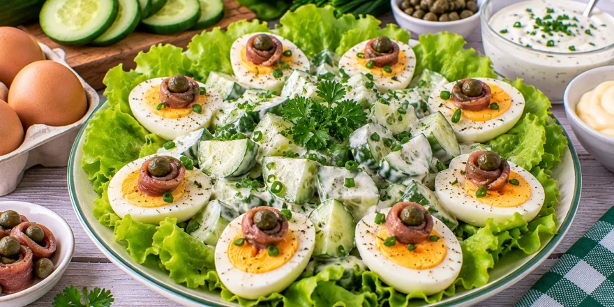 Salatplatte mit Gurken, Eiern und cremigem Joghurt-Dressing.