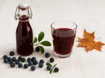 Hausgemachter Schlehensaft in einer Flasche und einem Glas, daneben frische Schlehen auf weißem Holzhintergrund