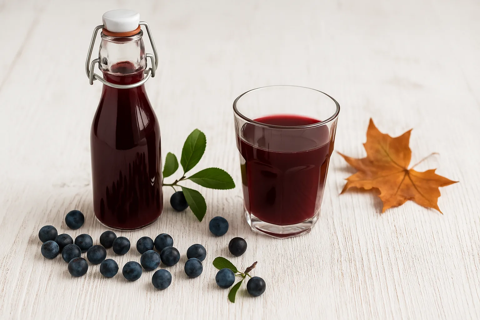 Hausgemachter Schlehensaft in einer Flasche und einem Glas, daneben frische Schlehen auf weißem Holzhintergrund