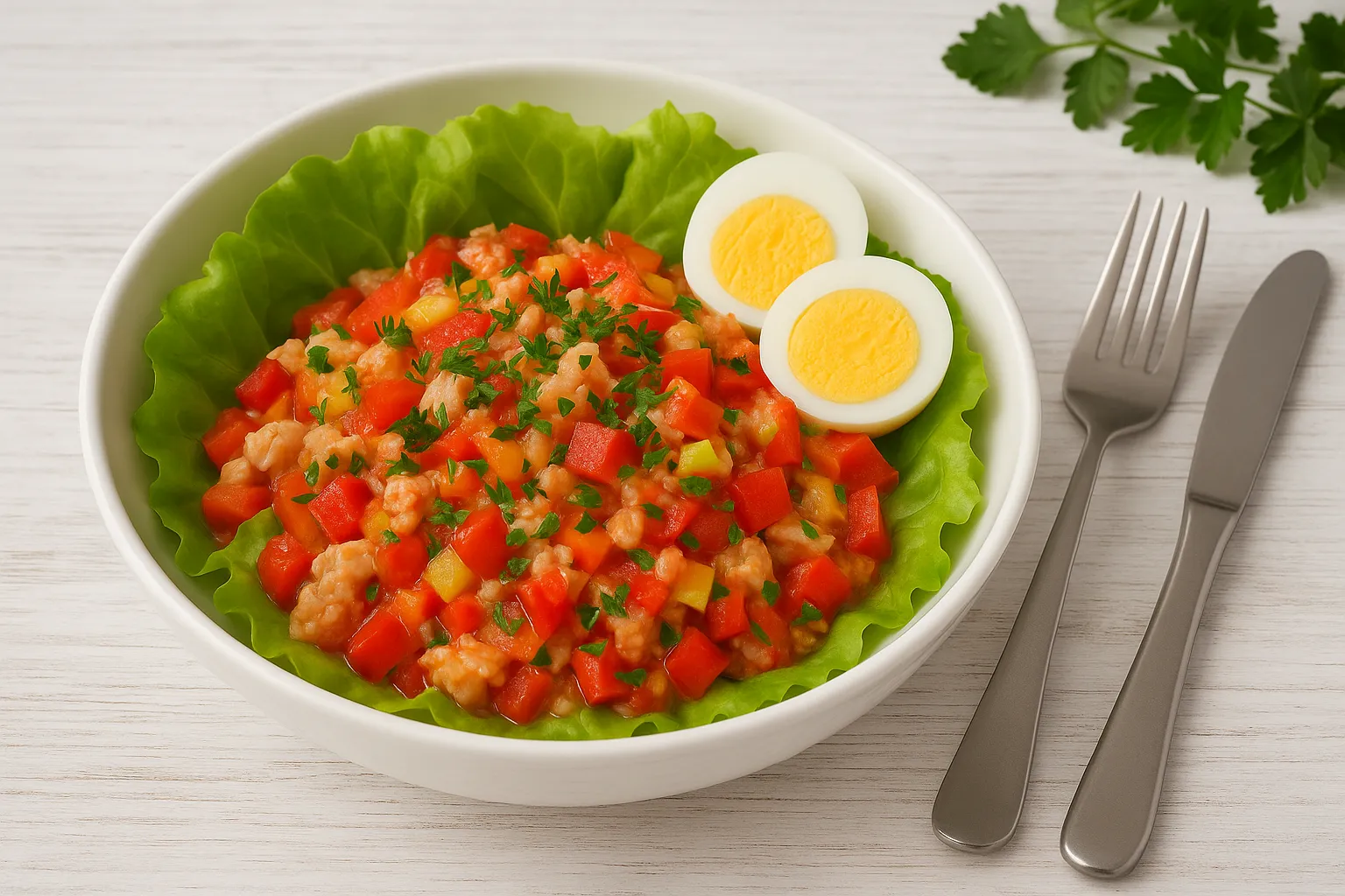 Szegediner Fischsalat auf Kopfsalatblättern, mit Fisch, Paprika, Tomaten und Ei, serviert in weißer Schale auf hellem Holzhintergrund.