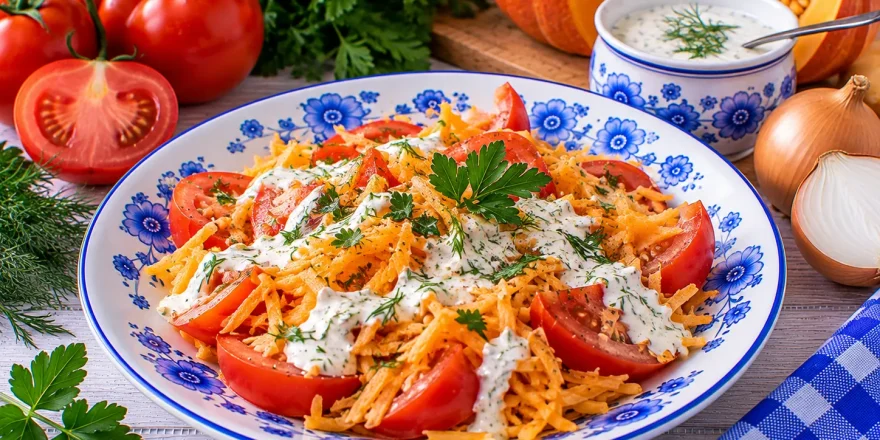 Frischer Tomaten-Kürbis-Salat mit cremigem Sauermilch-Dressing.