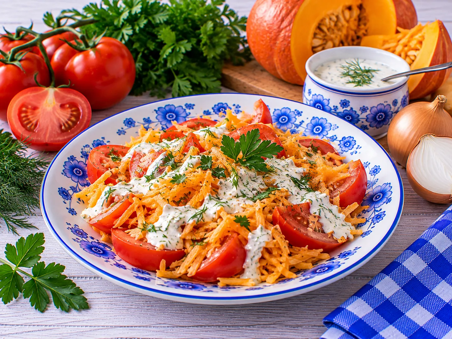 Frischer Tomaten-Kürbis-Salat mit cremigem Sauermilch-Dressing.