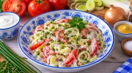 Frischer Tomaten-Porree-Salat mit cremigem Senf-Dressing.