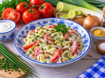 Frischer Tomaten-Porree-Salat mit cremigem Senf-Dressing.