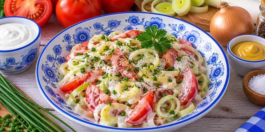 Frischer Tomaten-Porree-Salat mit cremigem Senf-Dressing.