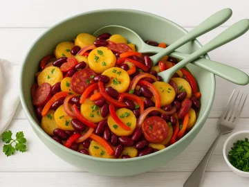 Ungarischer Kartoffelsalat in grüner Salatschüssel mit Salatbesteck, serviert auf hellem Holztisch