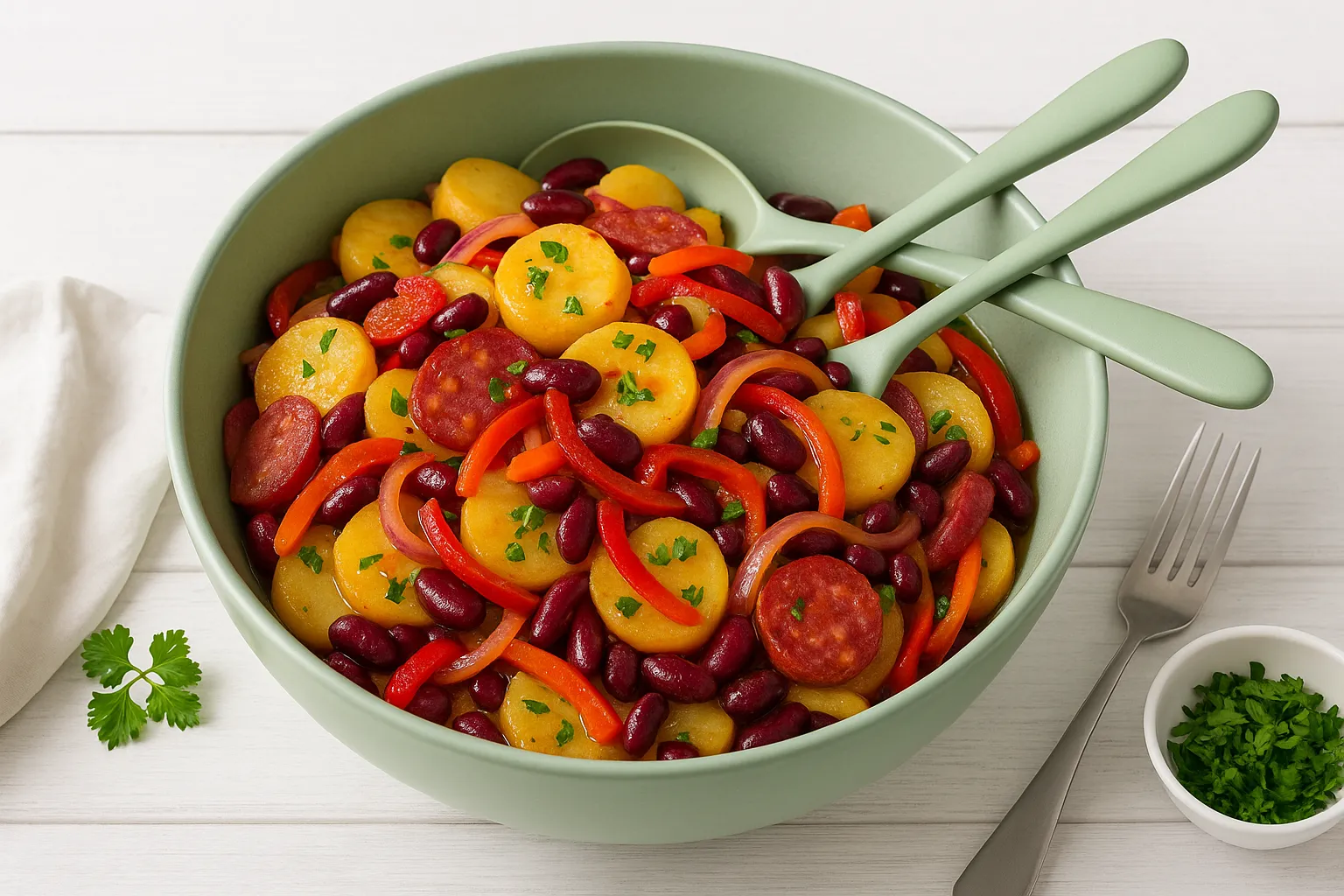 Ungarischer Kartoffelsalat in grüner Salatschüssel mit Salatbesteck, serviert auf hellem Holztisch