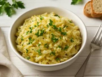 Weißkrautgemüse mit Zwiebel, Kümmel und Petersilie in weißer Schüssel auf hellem Holztisch mit Deko und Besteck