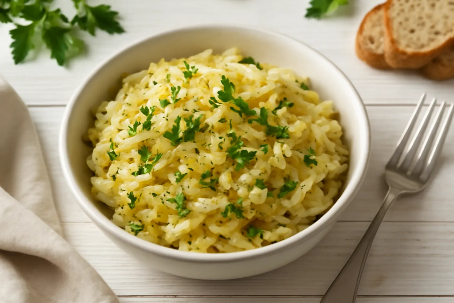 Weißkrautgemüse mit Zwiebel, Kümmel und Petersilie in weißer Schüssel auf hellem Holztisch mit Deko und Besteck