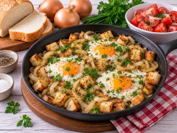 Zwiebeleier mit gerösteten Zwiebeln und knusprigem Weißbrot.