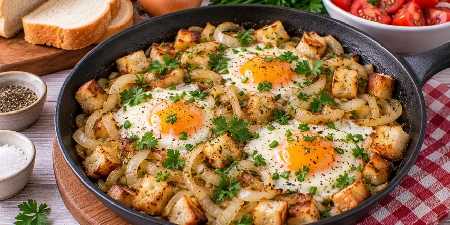 Zwiebeleier mit gerösteten Zwiebeln und knusprigem Weißbrot.