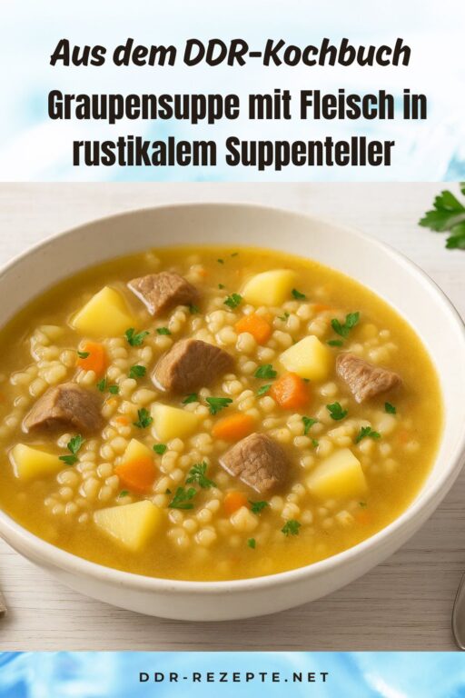 Graupensuppe mit Fleisch in rustikalem Suppenteller