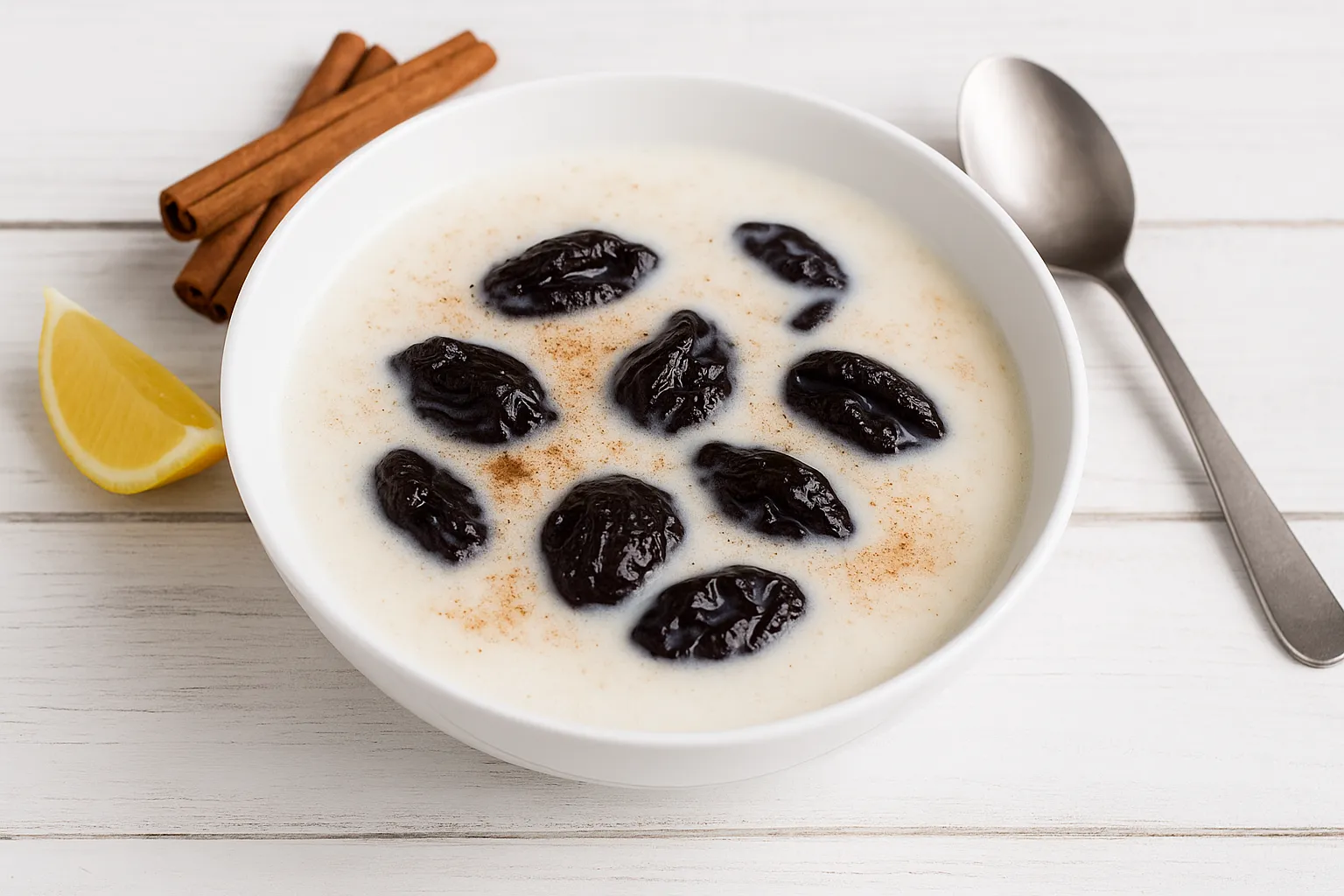 Altberliner Milchsuppe mit Pflaumen in weißem tiefen Teller, dekoriert mit Zimtstange und frischer Zitrone