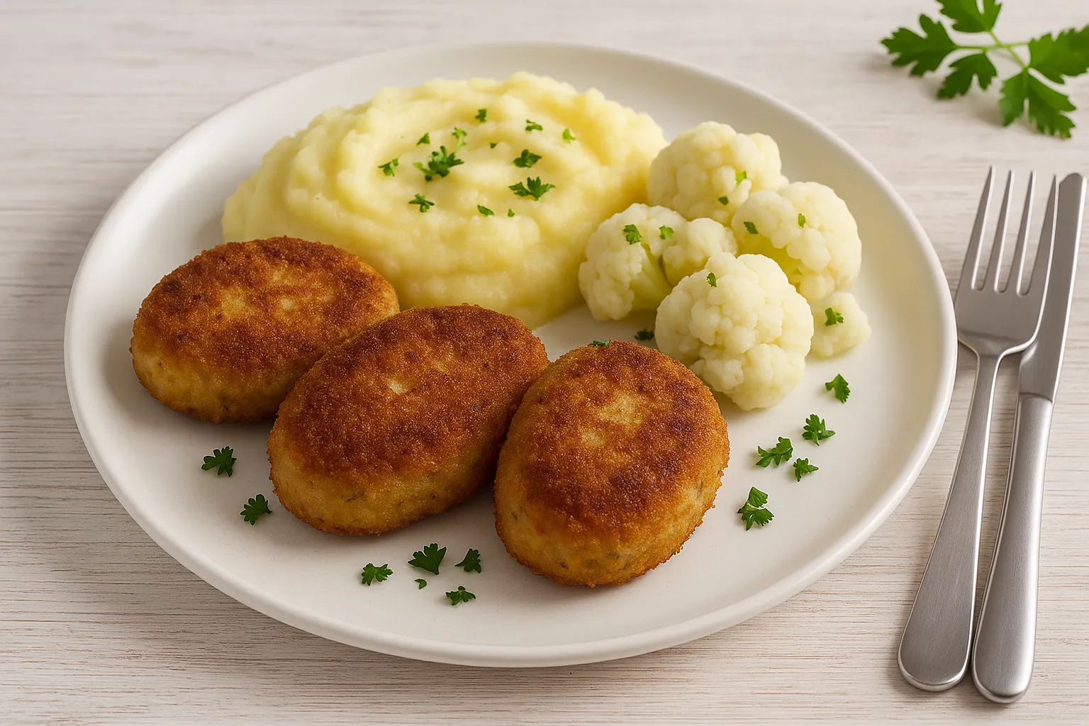 Buletten aus Kochfisch auf weißem Teller, mit Kartoffelpüree und Blumenkohl, serviert auf weißem Holzhintergrund und modernem Besteck.