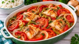 Brasilianischer Fischtopf mit Fischfilet, Paprika, Tomaten und Zwiebeln.
