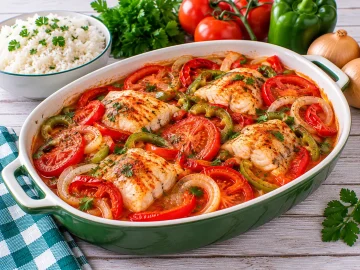 Brasilianischer Fischtopf mit Fischfilet, Paprika, Tomaten und Zwiebeln.