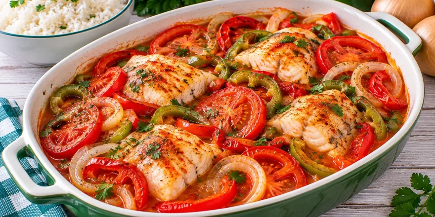 Brasilianischer Fischtopf mit Fischfilet, Paprika, Tomaten und Zwiebeln.