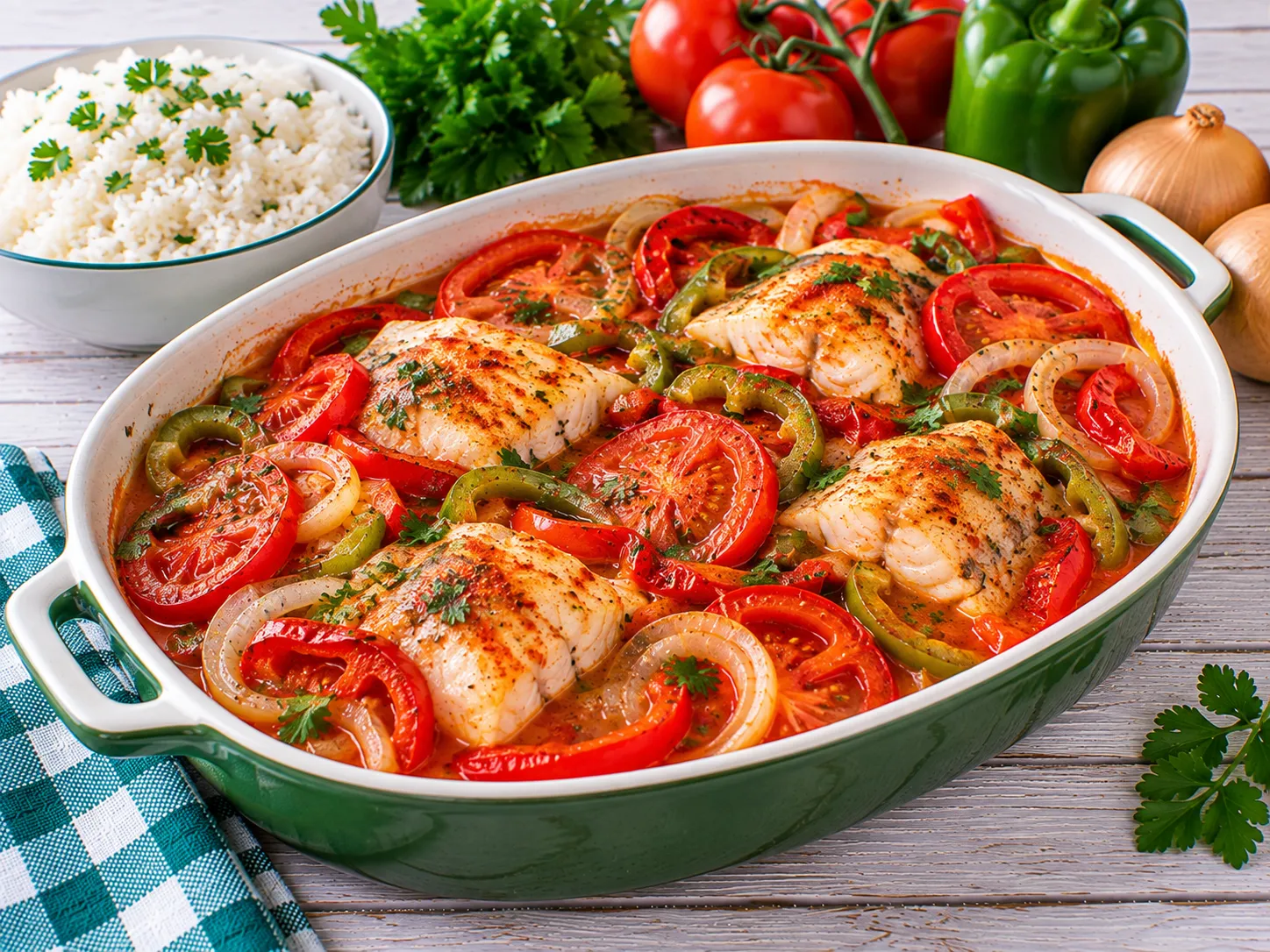 Brasilianischer Fischtopf mit Fischfilet, Paprika, Tomaten und Zwiebeln.