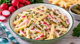 Bunter Käsesalat mit Emmentaler, Radieschen und Gewürzgurken.