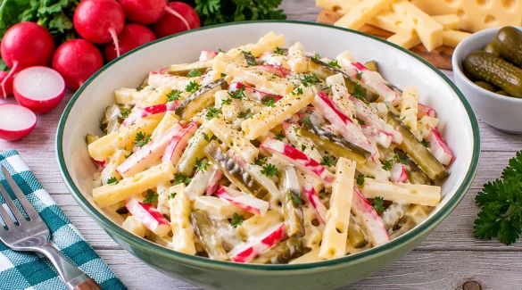 Bunter Käsesalat mit Emmentaler, Radieschen und Gewürzgurken.