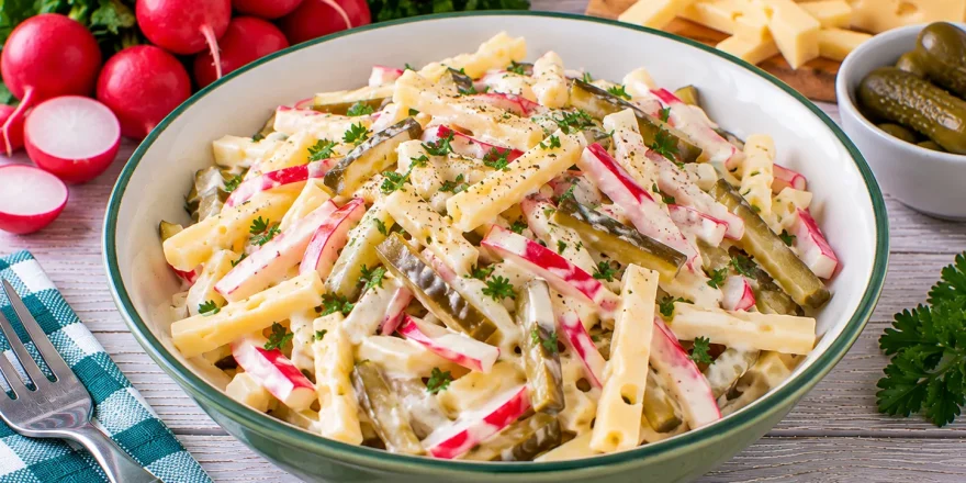 Bunter Käsesalat mit Emmentaler, Radieschen und Gewürzgurken.