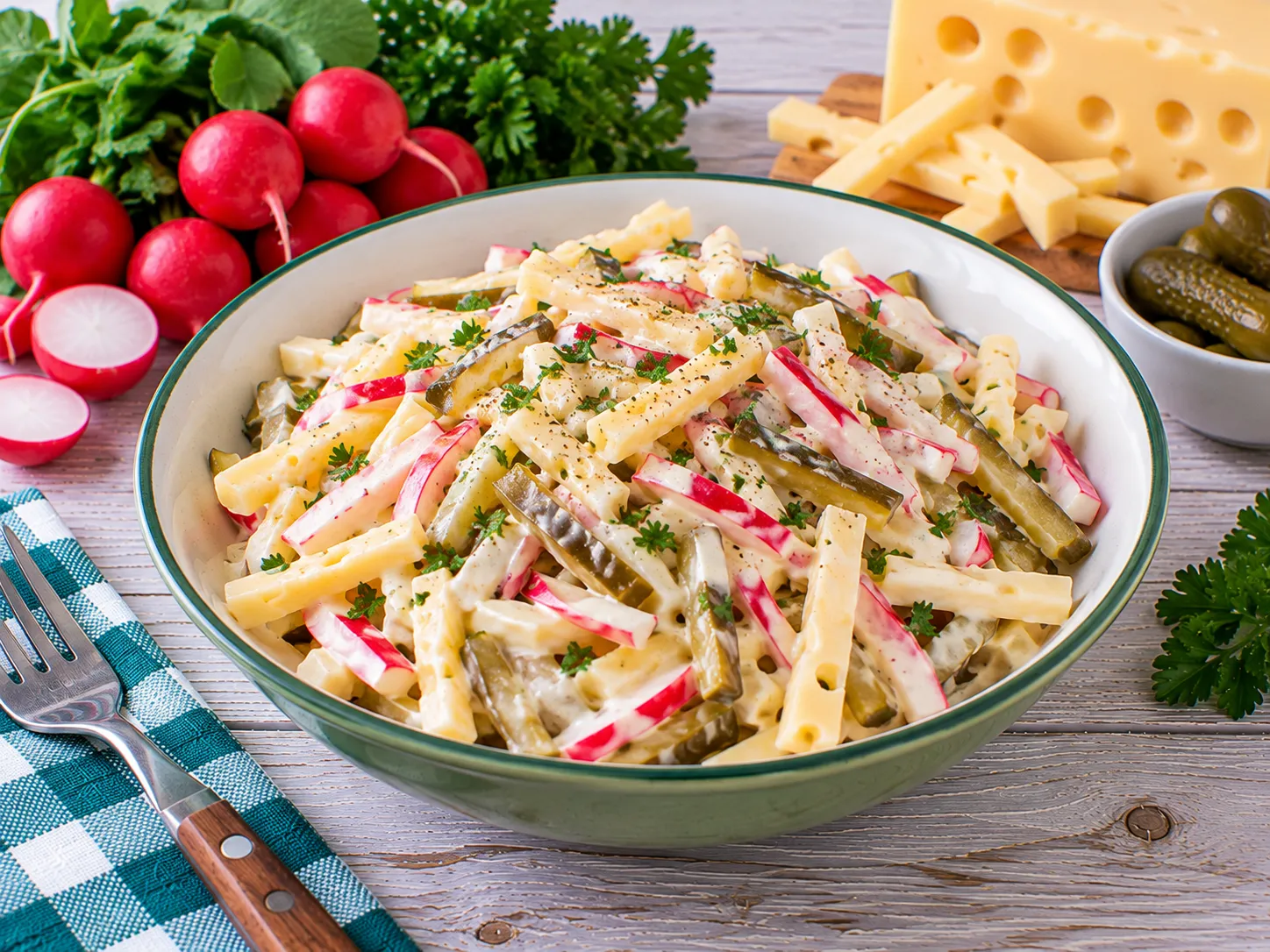 Bunter Käsesalat mit Emmentaler, Radieschen und Gewürzgurken.