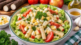 Bunter Salat mit Schwarzwurzeln, Tomaten und Apfel.