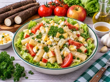 Bunter Salat mit Schwarzwurzeln, Tomaten und Apfel.