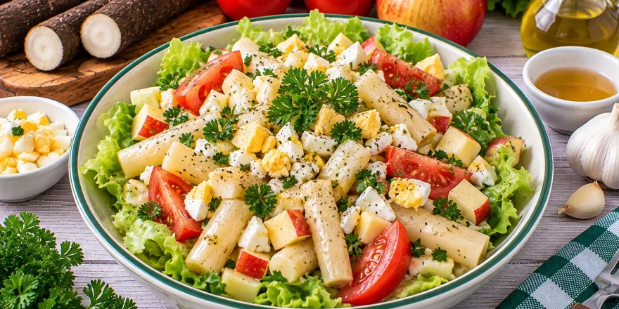 Bunter Salat mit Schwarzwurzeln, Tomaten und Apfel.