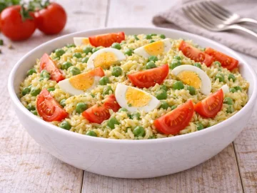 Curry-Reis-Salat mit Erbsen, Ei und Tomaten in moderner Salatschüssel auf hellem Holztisch