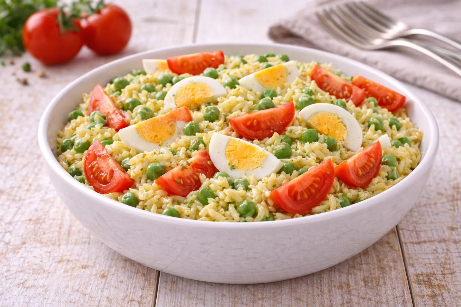 Curry-Reis-Salat mit Erbsen, Ei und Tomaten in moderner Salatschüssel auf hellem Holztisch