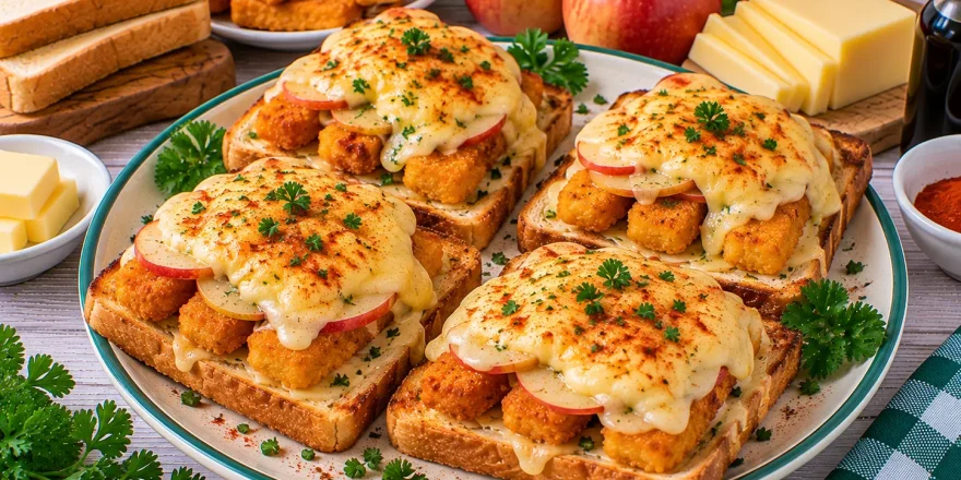 Überbackene Fischtoasts mit Fischstäbchen, Apfel und Käse.