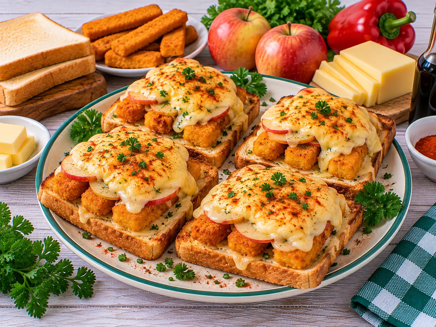 Überbackene Fischtoasts mit Fischstäbchen, Apfel und Käse.