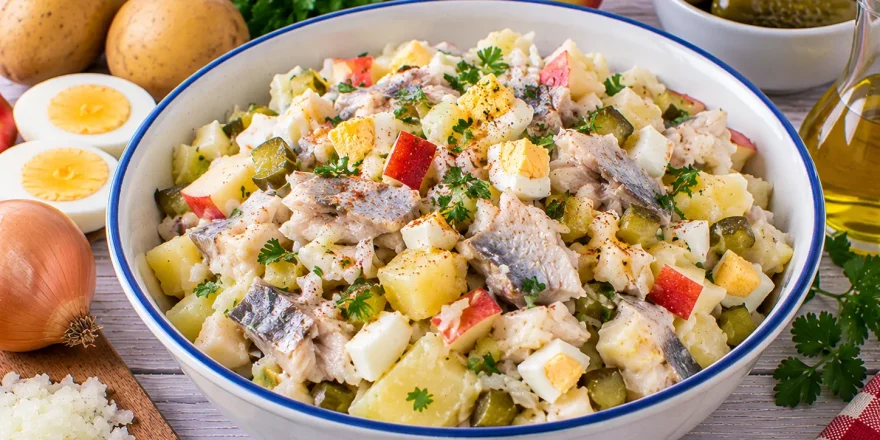 Fisch-Kartoffelsalat mit Kartoffeln, Ei, Apfel und Gewürzgurke.