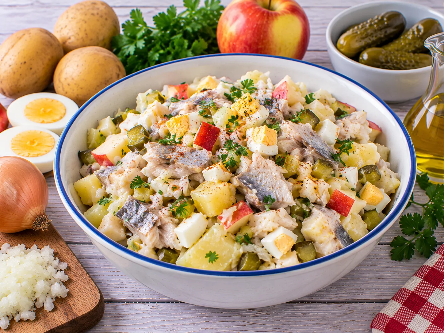 Fisch-Kartoffelsalat mit Kartoffeln, Ei, Apfel und Gewürzgurke.