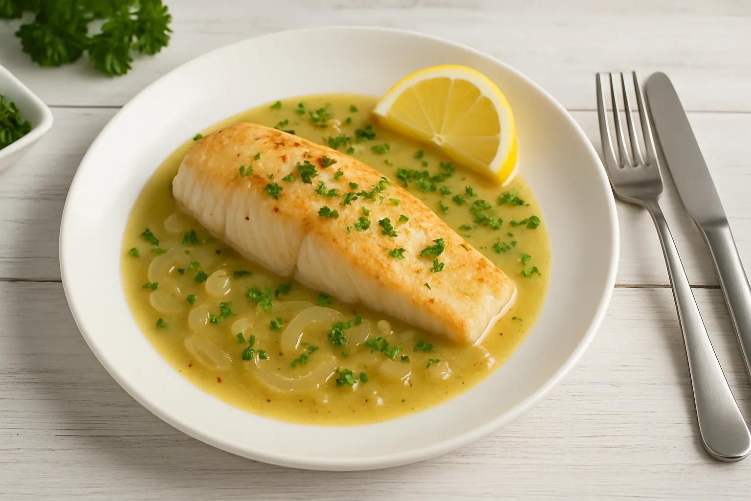 Gedünsteter Fisch mit Senf auf weißem Teller, serviert in Senf-Zwiebelsoße mit Petersilie und Zitrone, angerichtet auf hellem Holzhintergrund.