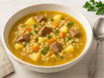 Graupensuppe mit Fleisch, Kartoffeln und Gemüse in weißem Suppenteller auf Holzhintergrund serviert