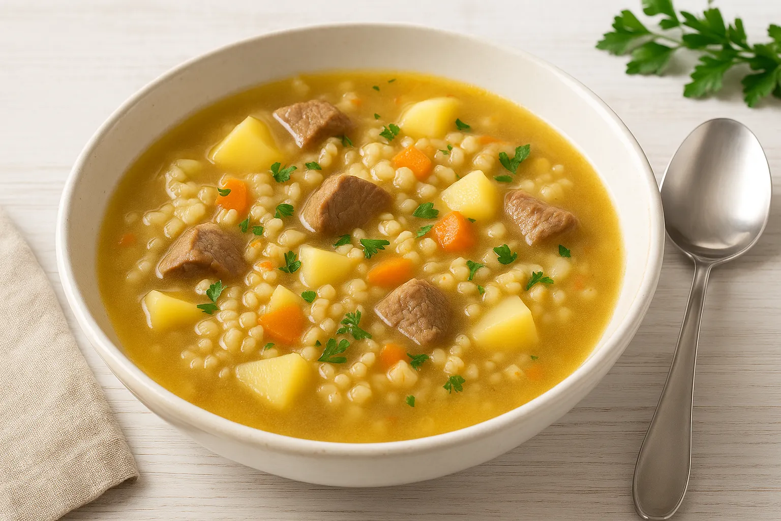 Graupensuppe mit Fleisch, Kartoffeln und Gemüse in weißem Suppenteller auf Holzhintergrund serviert