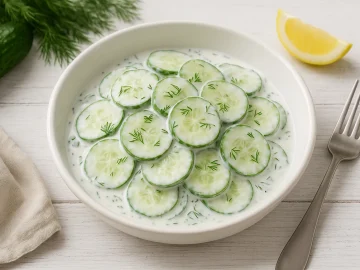 Schüssel mit Gurkensalat nach ukrainischer Art, zubereitet mit Dill und saurer Sahne, serviert auf weißem Holzhintergrund